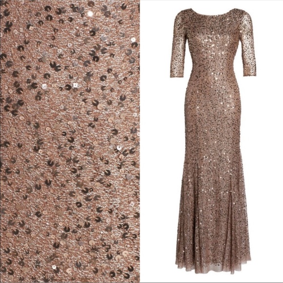 Adrianna Papell Long Sleeve Rose Gold Sequin Gown - Picture 5 of 9